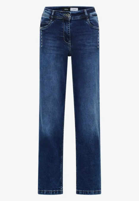 Dunkelblaue gerade geschnittene Jeans mit klassischem Fünf-Taschen-Design.